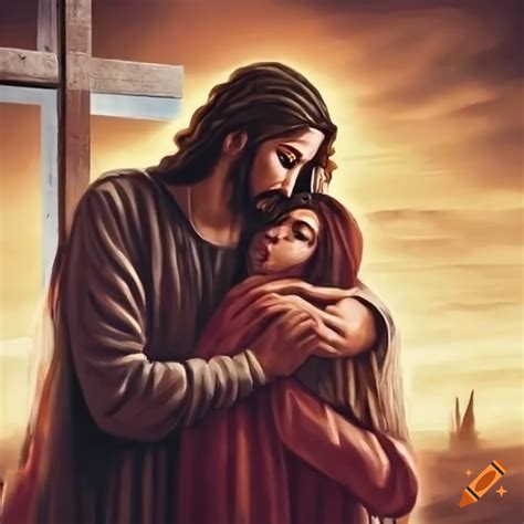 Depiction of Jesus embracing forgiven sinners at the cross on Craiyon