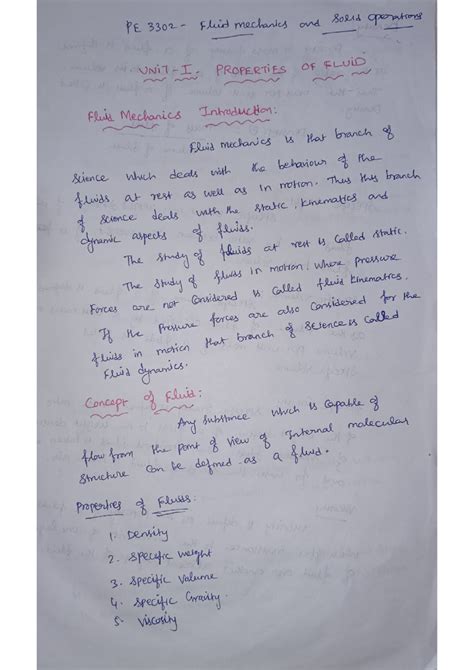 FMSO full notes - PE Fluid mechanics and sold operations UNiT I ...