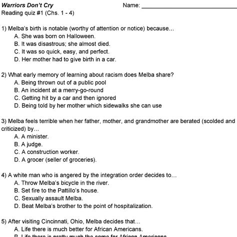 Warriors Don't Cry Reading Quizzes (5 readings) - TeachNovels.com