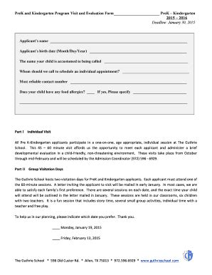 Fillable Online PreK and Kindergarten Program Visit and Evaluation Form ...