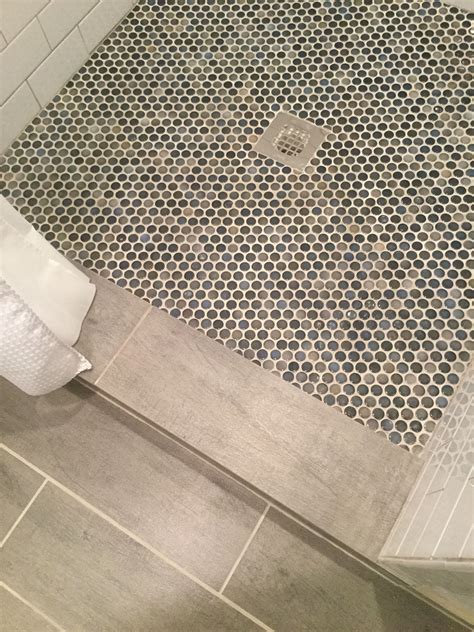 Blue and Gray Penny Tile Shower Floor