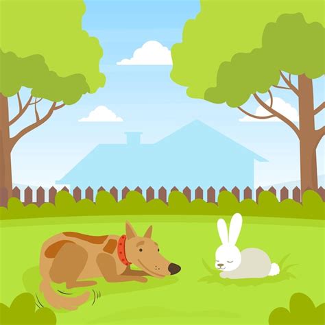 Cute dog looking at white rabbit sitting on lawn in backyard beautiful ...