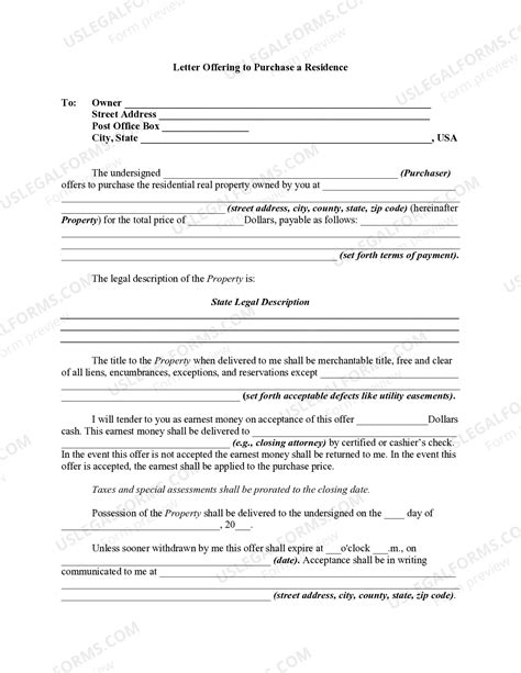 Letter Offering to Purchase a Residence | US Legal Forms