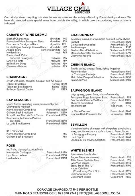 Menu at Village Grill & Butcher restaurant, Franschhoek