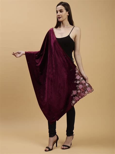 Buy Wine Embellished Velvet Stole | Moda Chales
