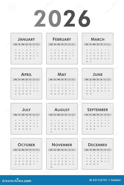 Black and White Vertical Classic Calendar 2026 Stock Illustration ...