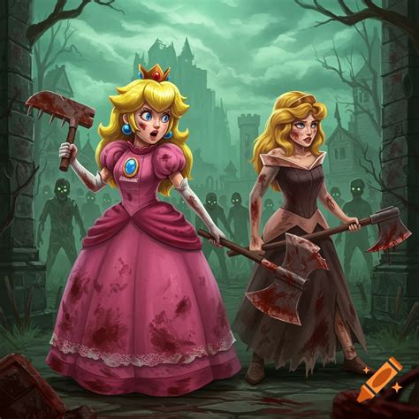 Princess Peach and Sleeping Beauty in a zombie apocalypse on Craiyon