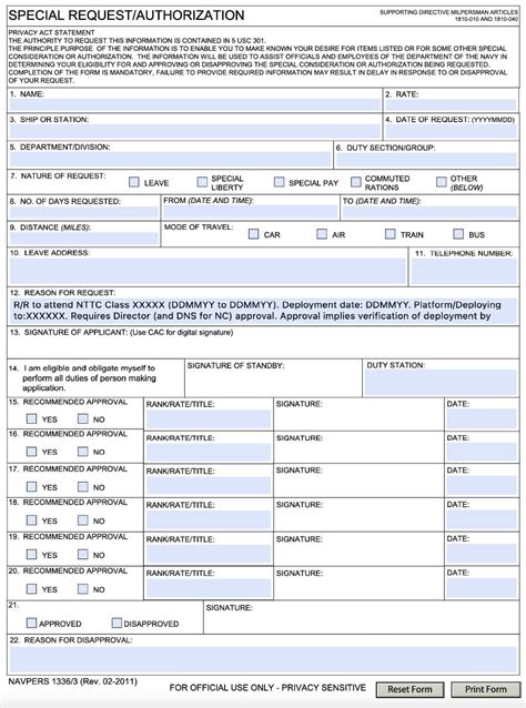 NAVPERS Form 1336/3 (Special Request/Authorization Form)