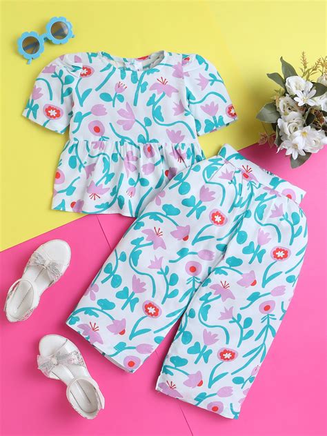 Multi Colour Tulip Print Coord set with Crop top and Pleated Pants ...