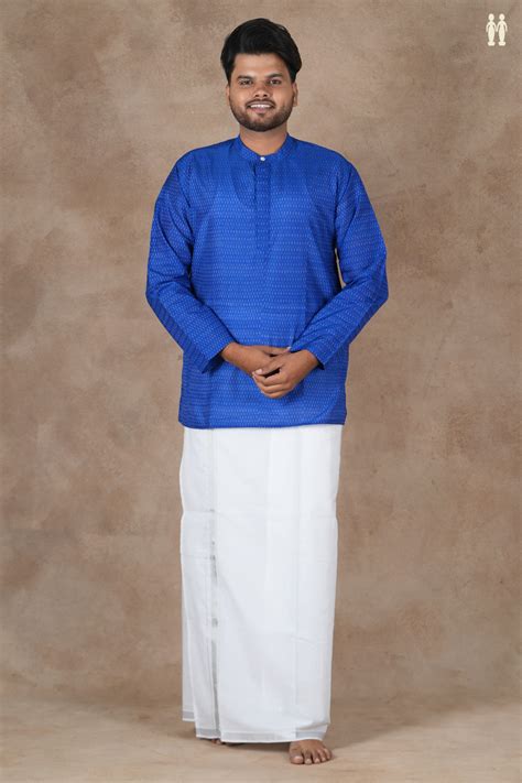 Chinese Collar Stripes Design Blue Pochampally Short Kurta