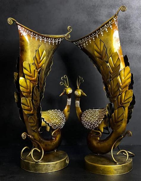 ANTIQUE TABLE TOP SET OF 2 METAL GOLDEN PEACOCK FLOWER POT STAND ...