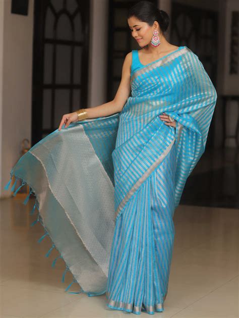 Banarasee Handwoven Striped Tissue Saree-Light Blue