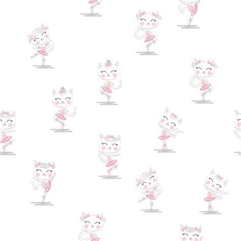 Cute ballerina cat dancing ballet in pink tutu seamless pattern ...