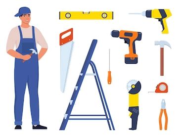 Repairman or mechanic and collection of tools man character in uniform ...