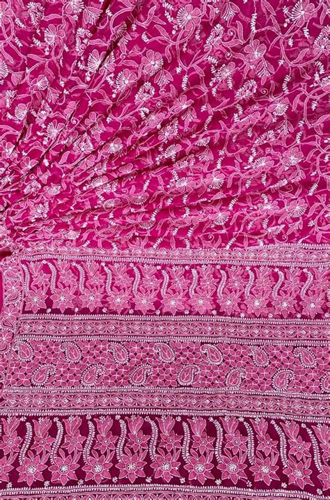 Pink Hand Embroidered Chikankari Chiffon Georgette Saree - Luxurionworld