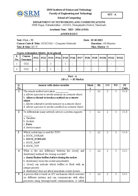 Set-A Answer Key for 18CSC302J - Computer Networks Term 2 - Studocu