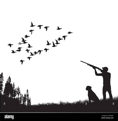 hunter with dog on duck hunting, silhouette Stock Vector Image & Art ...