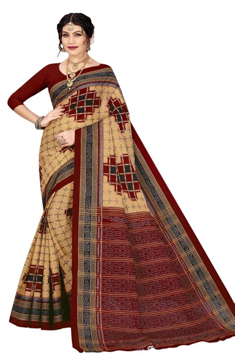 Ethnic Odisha Sambalpuri Printed Pure Cotton Saree (Brown Chiku Maroon ...