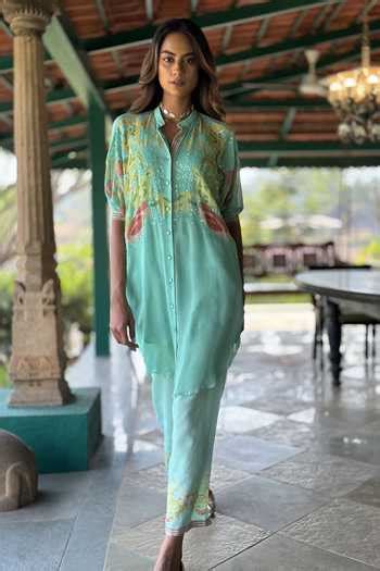 Buy Aqua Chiffon, Linen, Silk Sequins, Embroidery Collared Printed ...