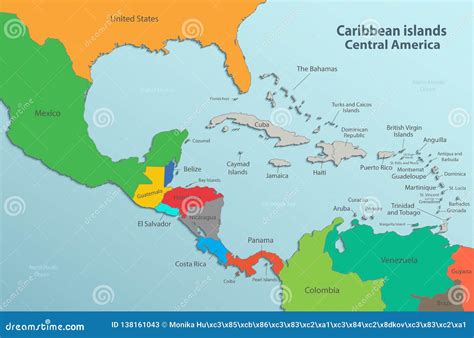 Caribbean Islands Central America Map State Names Card Colors 3D Stock Vector - Illustration of ... - map of central america and the carribeans