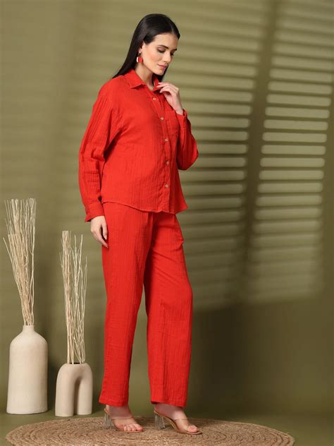 Solid Red Pure Cotton Shirt With Trousers Co-Ords Sets – CINK