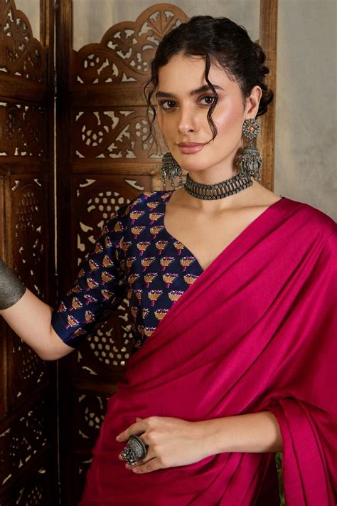 Precious Dark Pink Ajrakh Printed Semi Modal Silk Saree With Posh Blou ...