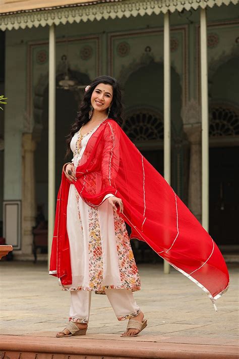 Eira White Alia Cut Paneled Long Flared Kurta With Pant And Dupatta ...