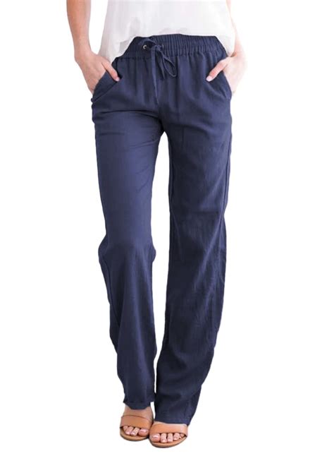 EVALESS Women's Straight Leg Polyester Pants 2XL Blue, Casual Elastic ...