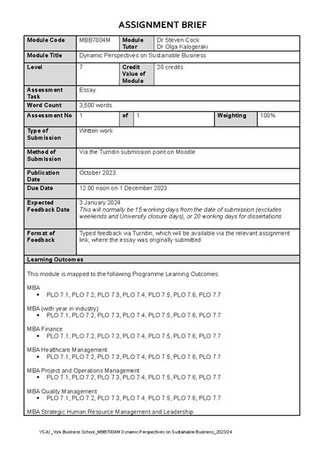MBB7004M - Dynamic Perspectives on Sustainable Business Essay Brief ...