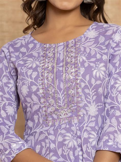 Violet Floral Print Anarkali Style Kurta And Trousers With Dupatta Set ...