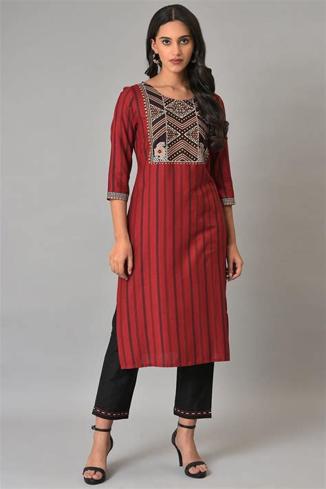 Buy Red Stripe kurta With Embellished Yoke Online for Woman | WforWoman