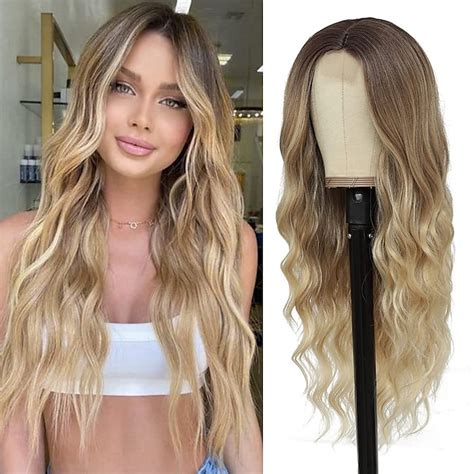 Long Ombre Blonde Wigs for Women 26 inch Long Wavy Middle Part Wig ...
