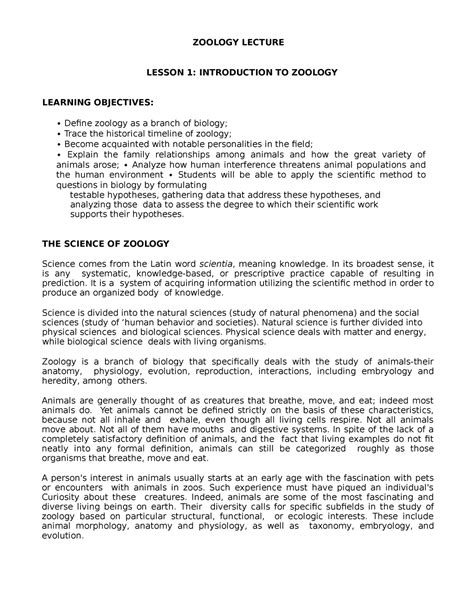 Handout PDF - Introduction TO Zoology - ZOOLOGY LECTURE LESSON 1: INTRODUCTION TO ZOOLOGY ...