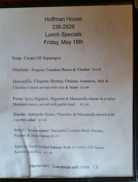 Menu at Hoffman House restaurant, Kingston