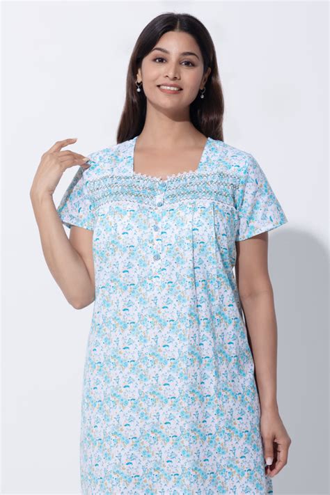 Sky Blue Nighty with Floral Print & Bobbin Elastic – Maybell Womens Fashion