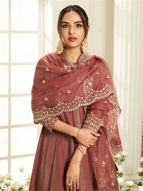 Floral Yoke Design Sequinned Anarkali Kurta With Palazzos & Dupatta ...