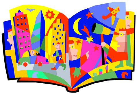 A colorful clipart image of an open book showing a vibrant cityscape on ...