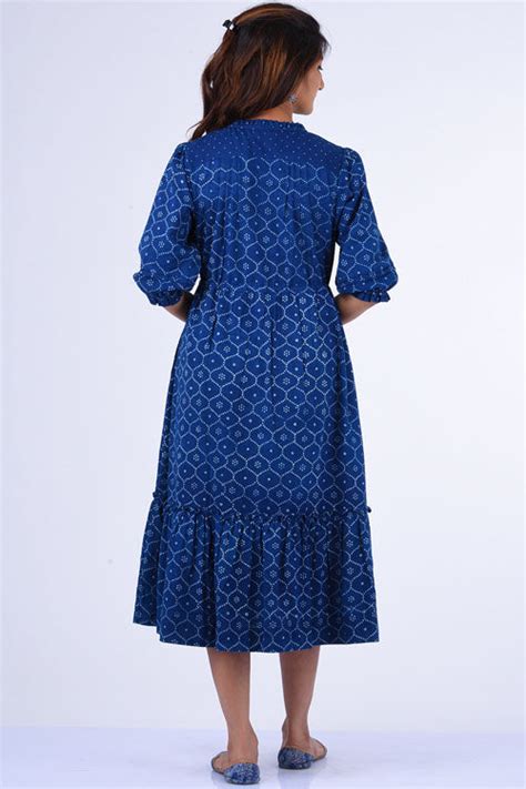 Dharan Ojee Indigo Block Printed Embroidery Dress For Women Online ...