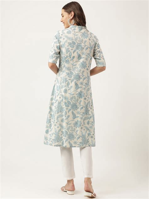 Divena Sky blue Floral Printed Cotton A-Line Kurta – divena world