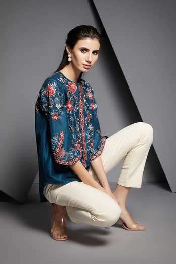 Buy Namrata Joshipura Blue Floral Print Silk Top Online | Aza Fashion.
