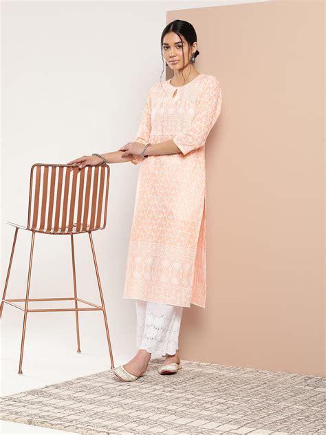 Buy Peach Embroidered Cotton Straight Kurta Online at Rs.899 | Libas