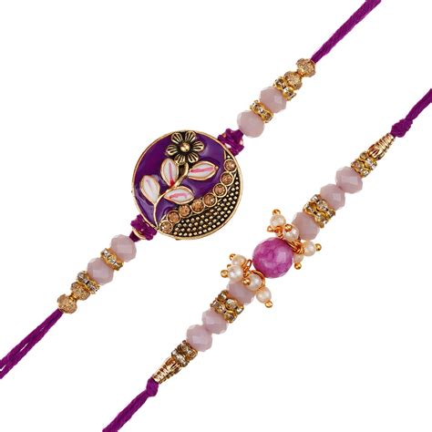 Purple Floral & Pearl Pack of 2 Desginer Rakhis and Roli Chawal Pack ...