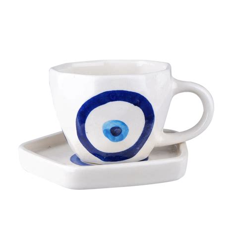 Hand-Painted Evil Eye Ceramic Cup & Saucer – Protective & Stylish Coff ...