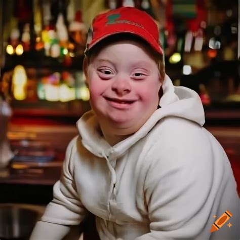 Portrait of a smiling man with down's syndrome in a festive bar scene on Craiyon
