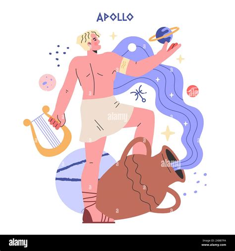 Ancient Greek Gods concept. Illustrated Apollo with lyre amidst stars ...