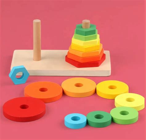 Wooden Shape Double tower sleeve column | Montessori learning Toy