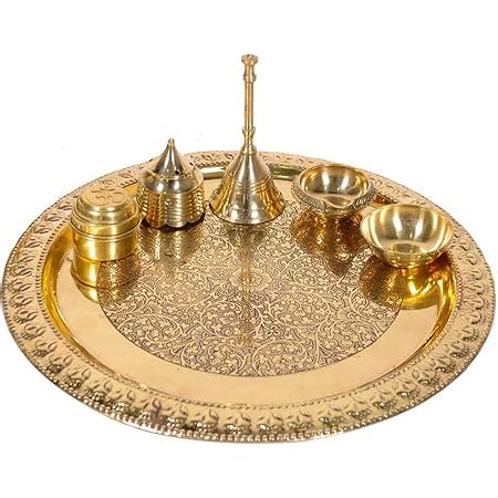 Buy Brass Gold Aarti/Pooja Thali with Diya and Tikka Bowl Online at Low ...