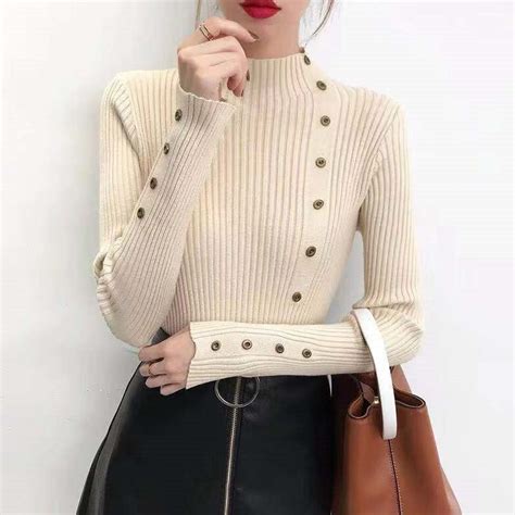 Shop Off White Full Sleeve Button Trim Fitted Sweaters - for Women ...