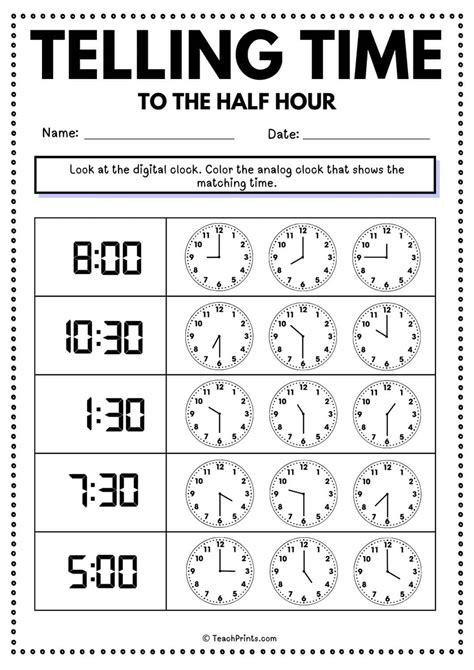 Free Telling Time to the Half Hour Worksheets - Teach Prints