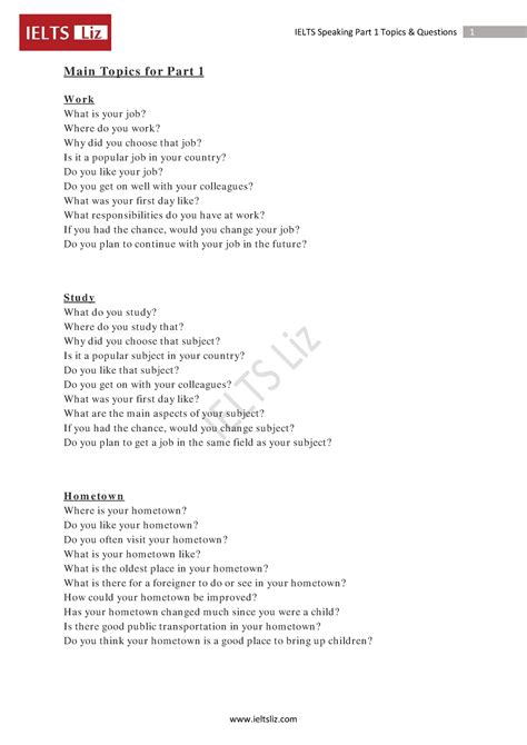 Ielts Speaking Part 1 Topics Questions - Main To p ics fo r Part 1 W o ...